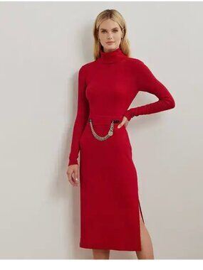NWT $165 Ralph Lauren  chain-trim rib-knit turtleneck dress - festive red 14